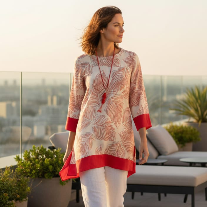 Woman in a patterned top and white pants walking on a rooftop with a cityscape view.
