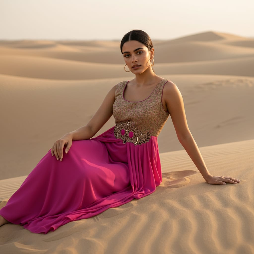 Draped Dress in Silk and Brocade