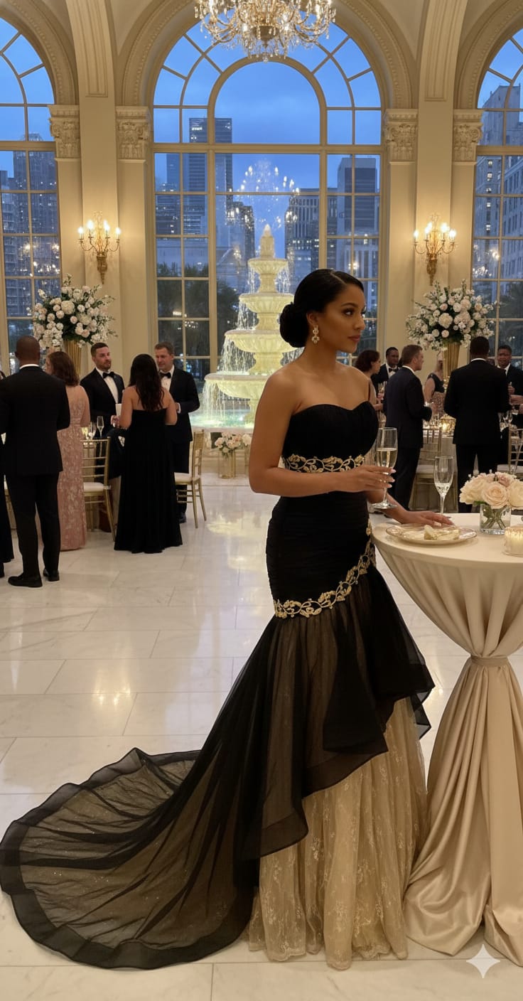 Strapless Fit and Flare Layered Gown with Trail