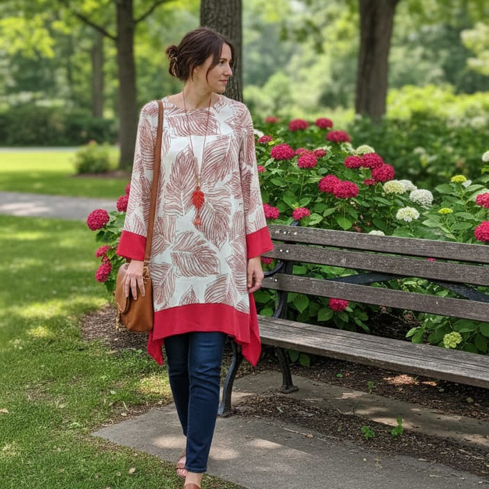 Woman walking in a park with a bench and flowers in the background