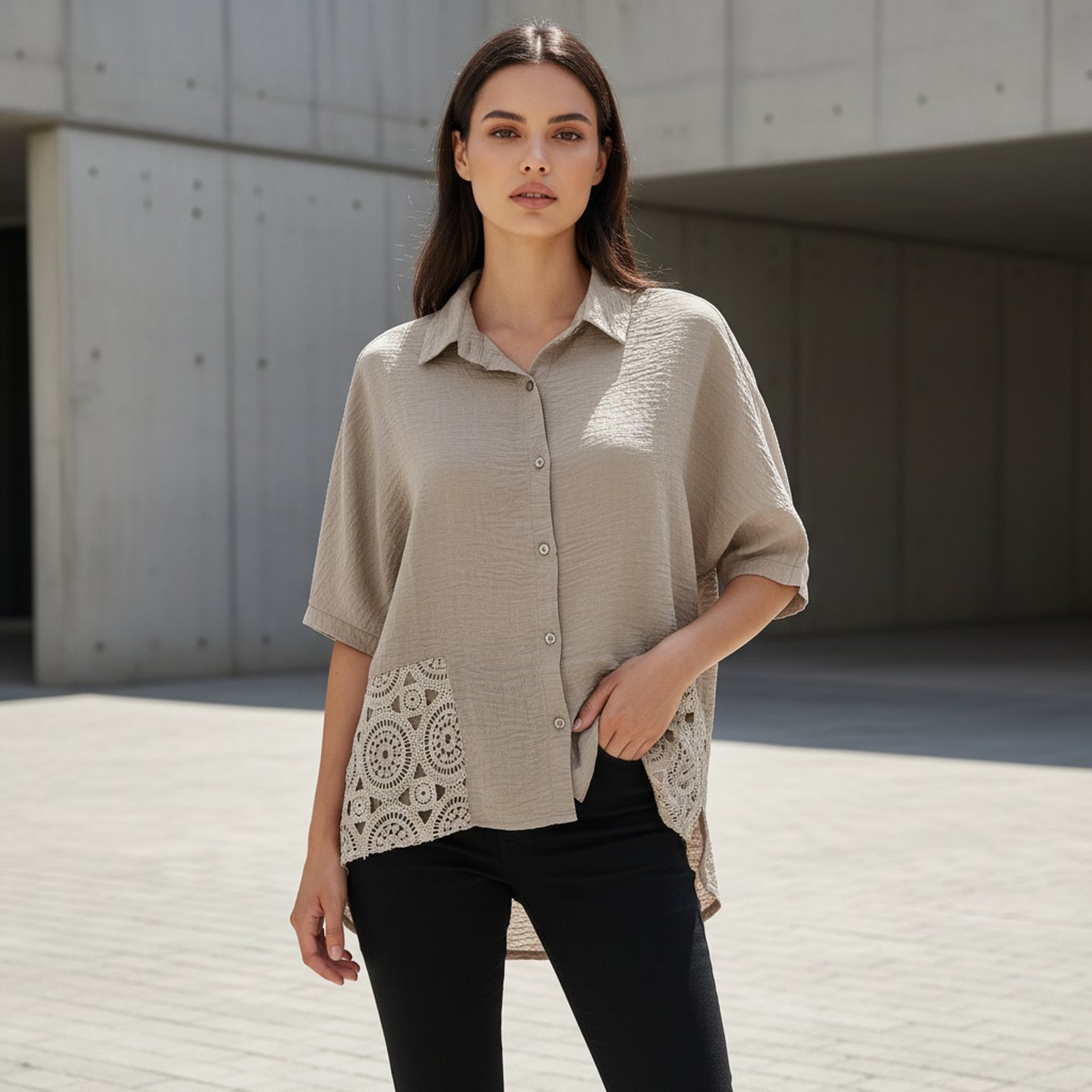 Crepe Shirt with Crochet Lace