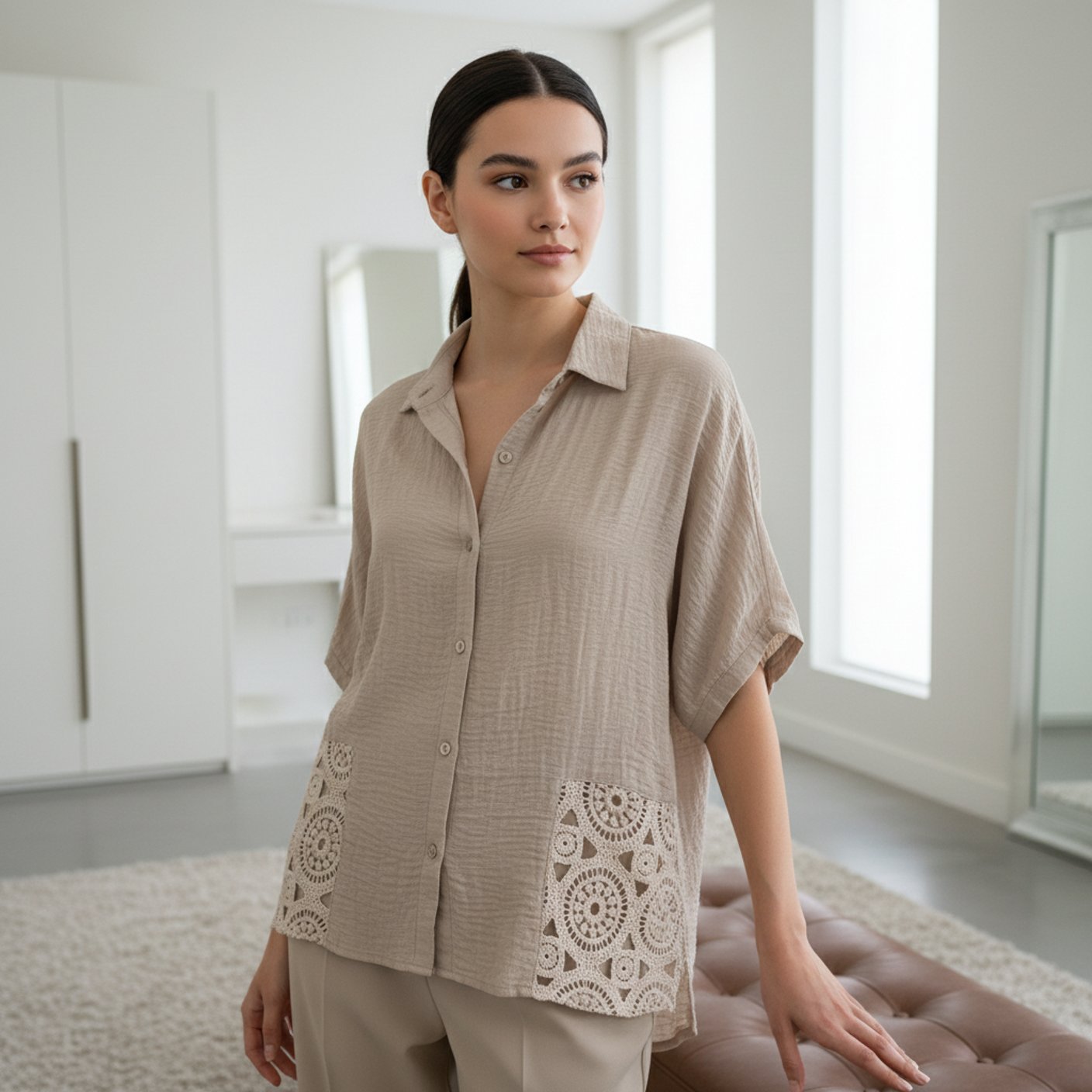 Crepe Shirt with Crochet Lace