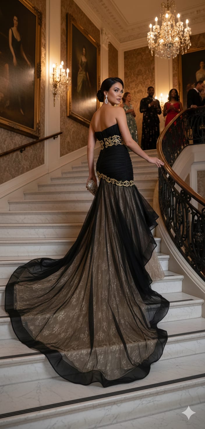 Strapless Fit and Flare Layered Gown with Trail