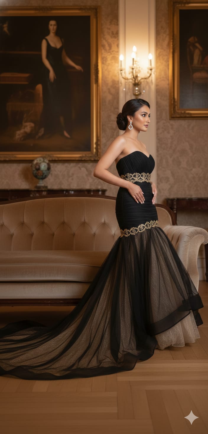Strapless Fit and Flare Layered Gown with Trail